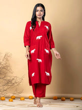 Red Cotton Elephant Embroidery Kurta Set